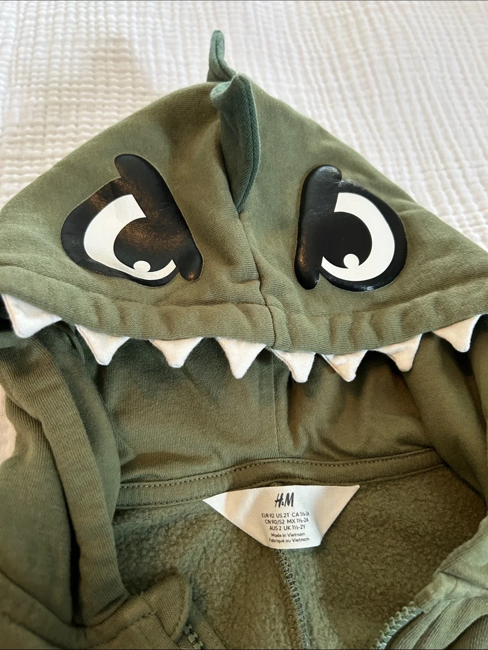 H&M Olive Green Dino Zip Hoodie with Teeth and Eyes